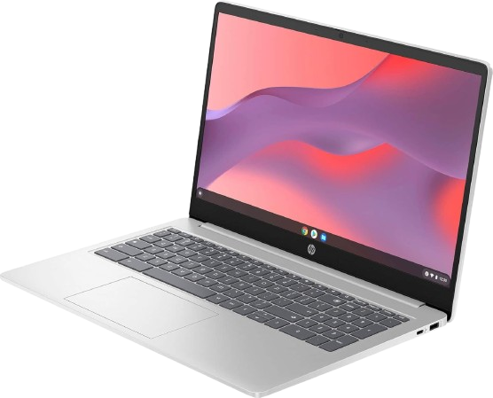 "HP Chromebook Laptop 15 in silver, open and facing forward