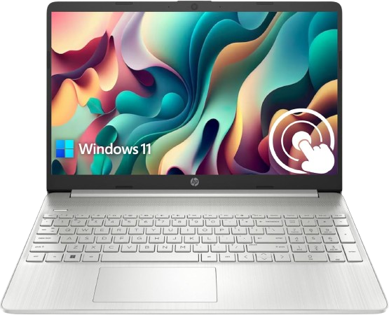 HP Pavilion 15.6″ HD Touchscreen Anti-Glare Laptop in silver.