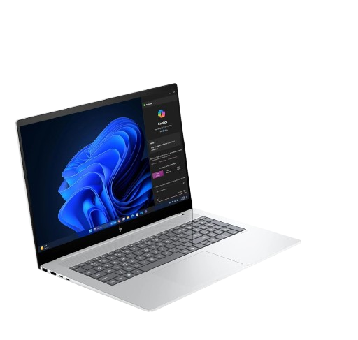 "Front view of an HP Envy 17.3-inch laptop in silver, featuring a touch-enabled display, thin bezel, and spacious keyboard deck."