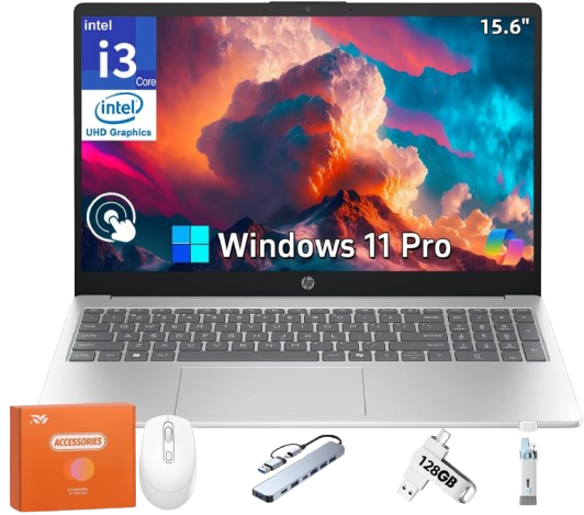 A sleek, 15.6-inch Natural Silver clamshell laptop featuring an anti-glare HD touchscreen display