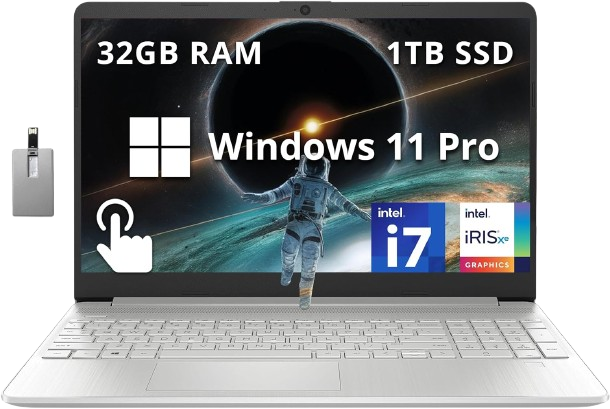 HP 15.6″ FHD Touchscreen Business Laptop in Natural Silver—showcasing its sleek design, touchscreen display, and slim bezel presentation.
