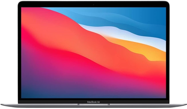 A closed and opened Late-2020 Apple MacBook Air in Space Gray.