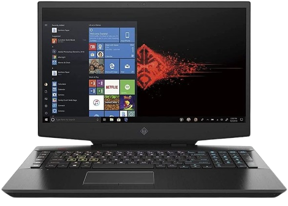 HP OMEN 17.3-inch gaming laptop in shadow black with Windows 10 Home, featuring a full-size RGB backlit keyboard with numeric keypad.