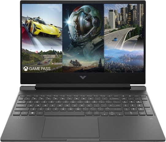 HP Victus 15.6″ FHD 144 Hz Gaming Laptop with AMD Ryzen 5 7535HS and NVIDIA GeForce RTX 2050—Mica Silver—featuring the backlit keyboard and sleek design.
