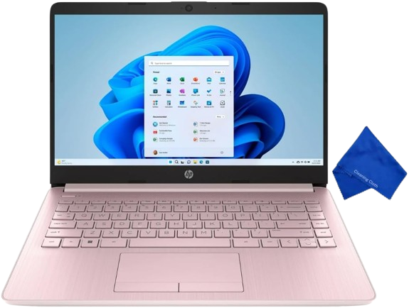 “A slim HP Stream 14-inch laptop in soft rose-pink, open at a slight angle revealing a 14-inch HD display with narrow micro-edge bezels.