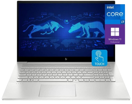 HP Envy 17-inch laptop, likely matching the 2022 Envy 17t model with its 17.3″ Full-HD touchscreen and silver-toned chassis.
