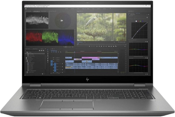 “HP ZBook Fury G7 17.3-inch business laptop, showing brushed-metal dark gray chassis and full-size keyboard. Screen displays abstract blue and black graphics.