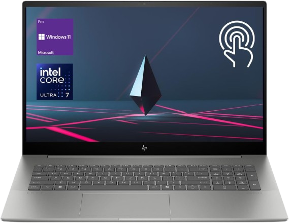 “A sleek and modern HP Envy Business AI laptop appears open, showcasing its 17.3-inch full-HD multitouch display with edge-to-edge glass.