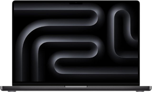 A sleek Space Black 16.2-inch MacBook Pro open to reveal a backlit keyboard and large trackpad