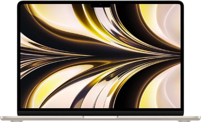 Starlight MacBook Air (M2, 2022) open with screen on, showing its thin bezels and keyboard.