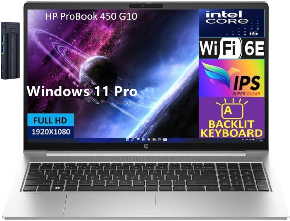 A sleek, silver HP ProBook 450 G10 laptop laid open at a slight angle.