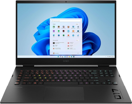 Front view of the HP Omen-17-CK2059NR with screen on, displaying Windows, keyboard illuminated under‐keys, and large touchpad.