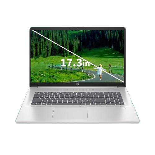 "HP 17 Business Laptop — modern silver-gray notebook open at approximately 90°, showing a 17.3-inch HD+ (1600×900) display with thin bezels