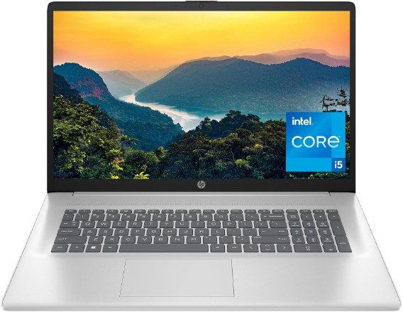 Front view of HP 17-CN3010CA laptop open on a flat surface, showing a 17.3-inch Full HD display with Windows interface and natural silver body.
