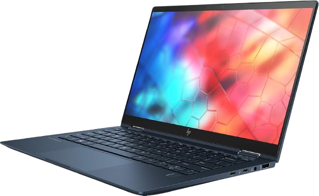 “Slim, metallic HP Elite Dragonfly laptop, lid open, showing keyboard with a bright display.”