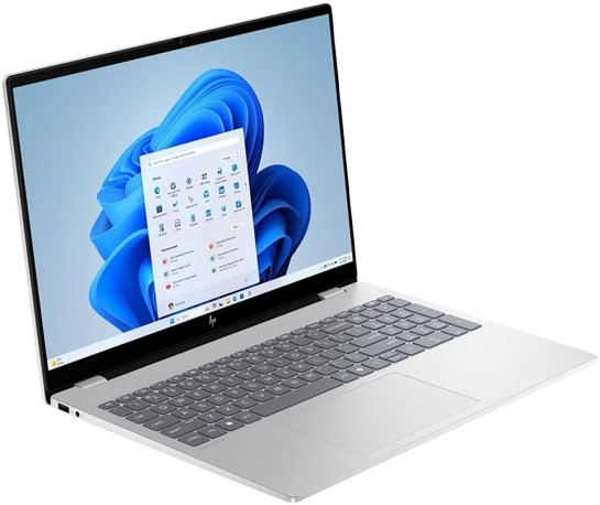  HP OmniBook 7 AI 16-ay0002nr laptop open and facing forward, showing a 16-inch 2K OLED touchscreen display.