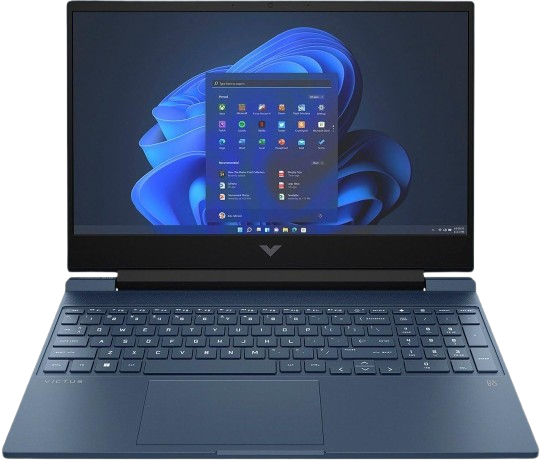 A sleek HP Victus 15.6-inch gaming laptop with a matte black lid marked by a stylized 'V' logo.