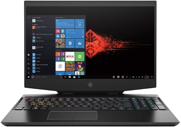 HP OMEN 15.6-inch gaming laptop in black (model 15-dh1050nr) displaying its screen and keyboard.