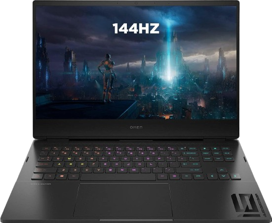 Front-view of an HP Omen 16T-N000 gaming laptop in mica silver, showing a 16.1-inch screen.
