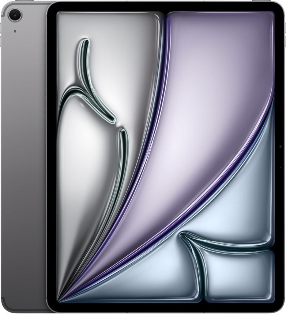 A sleek Space Gray 13-inch iPad Air (M2) shown front and back. The front displays a high-resolution.