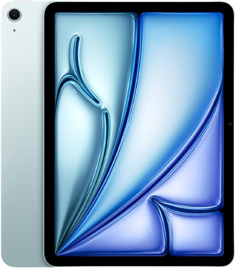 Apple 11-inch tablet in blue, featuring Apple’s M2 chip powering advanced “Apple Intelligence,” a vibrant laminated Liquid Retina display.