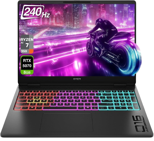 Shadow-black OMEN 16 MAX gaming laptop with a crisp 16-inch 240 Hz display and multicolor RGB-backlit
keyboard.