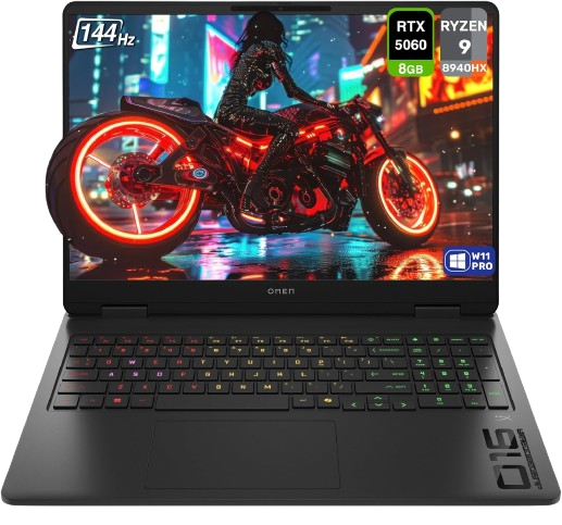 A sleek HP OMEN gaming laptop in shadow black, open to reveal a glowing backlit keyboard and a 16-inch display showing a desktop background.